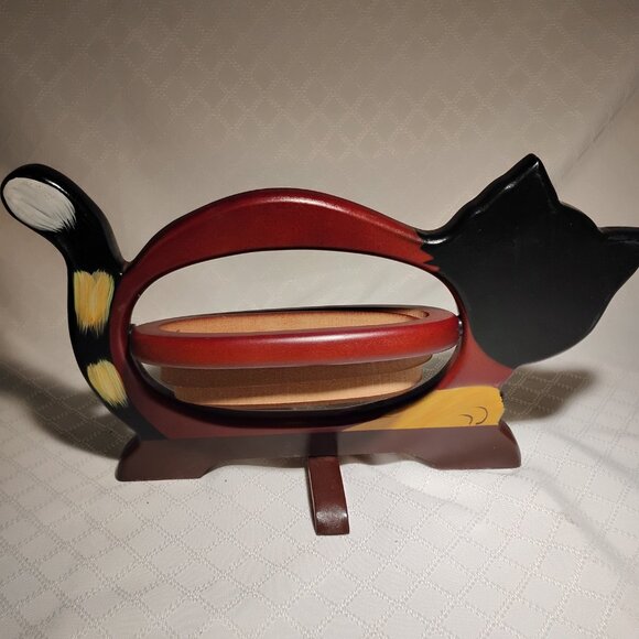 Vintage Wood Calico Cat Tray W/Expanding/Collapsible Bowl - Picture 6 of 10